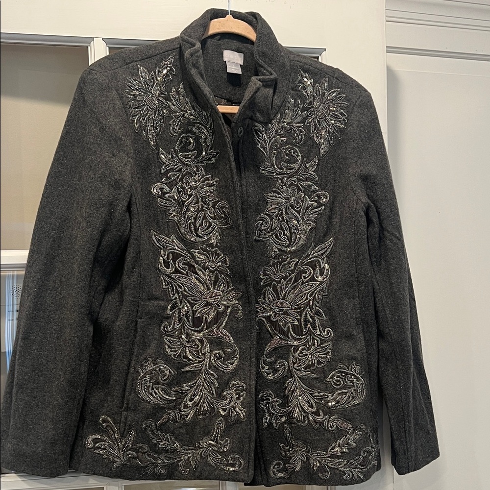 Chico's Charcoal Embroidered Pea Coat
